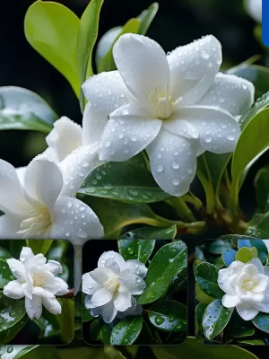 Midjourney Prompt Gardenia Flower Branch Leaves Leaf Dewdrop Drop Photography