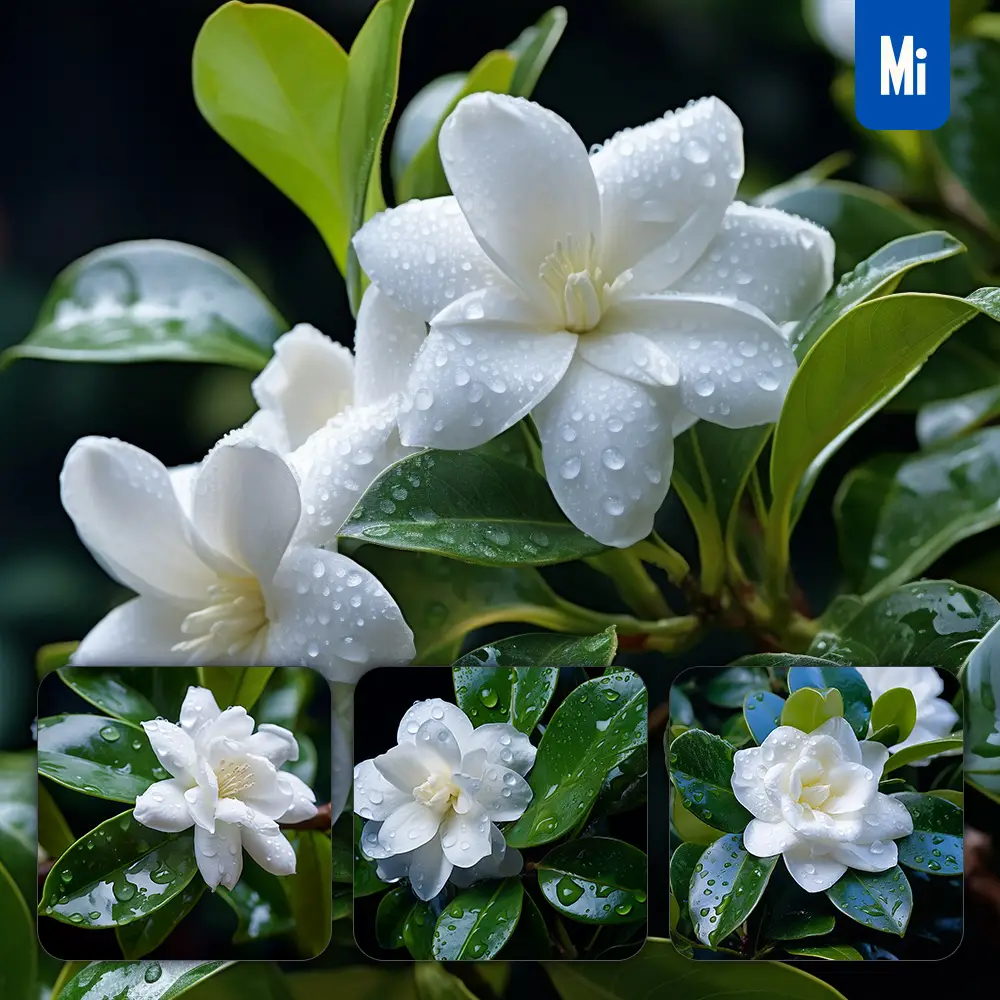 Midjourney Prompt Gardenia Flower Branch Leaves Leaf Dewdrop Drop Photography