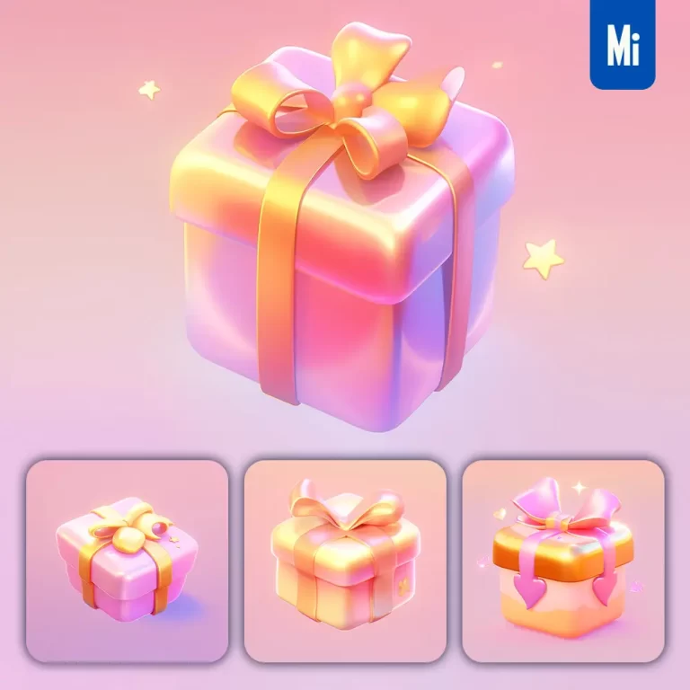 midjourney prompt gift box bowknot 3D icon game cartoon cute lovely golden