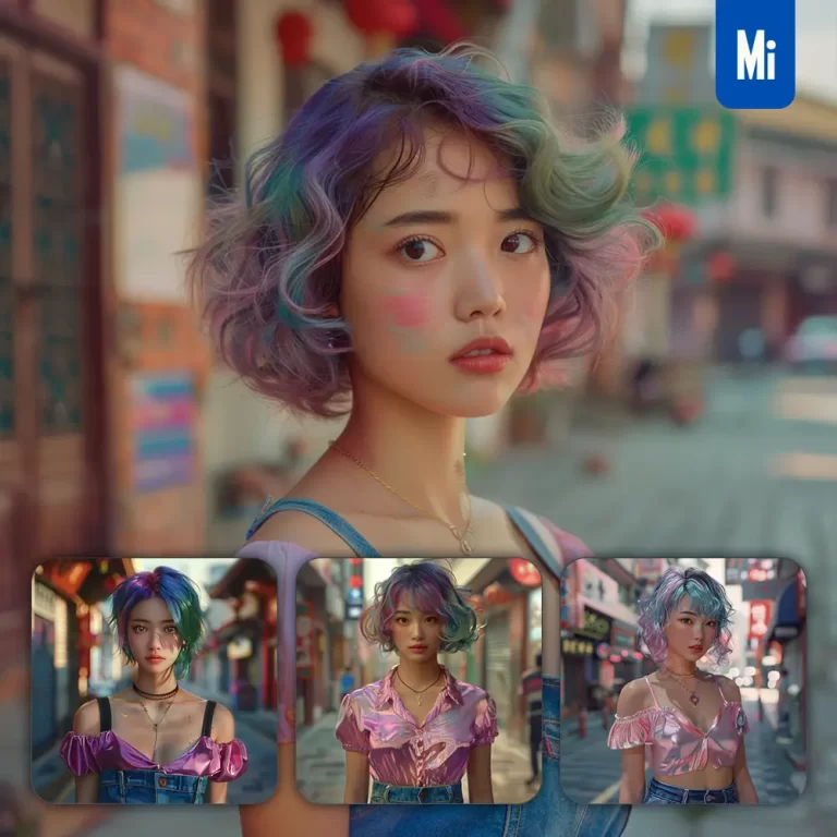 midjourney prompt girl beautiful Chinese woman face street colorful portrait