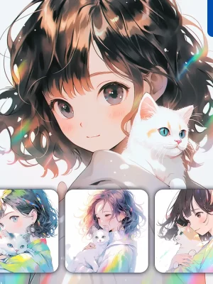 Midjourney Prompt Girl Beautiful Lady Cute Woman Cat Holding Colorful Face Portrait Animation Cartoon