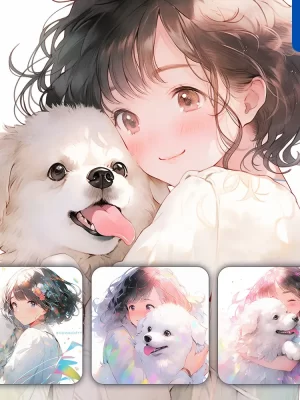 Midjourney Prompt Girl Beautiful Lady Cute Woman Dog Holding Colorful Face Portrait Animation Cartoon