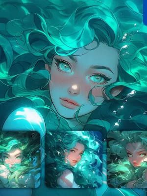 Midjourney Prompt Girl Woman Lady Hair Water Cyan Azure Sea Face Portrait Mermaid Underwater Light Comic Cartoon