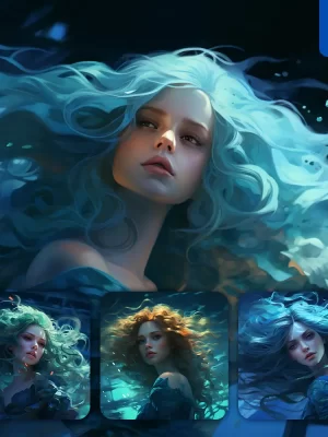 Midjourney Prompt Girl Woman Lady Hair Water Cyan Azure Sea Face Portrait Mermaid Underwater Light Comic Cartoon Oil Painting