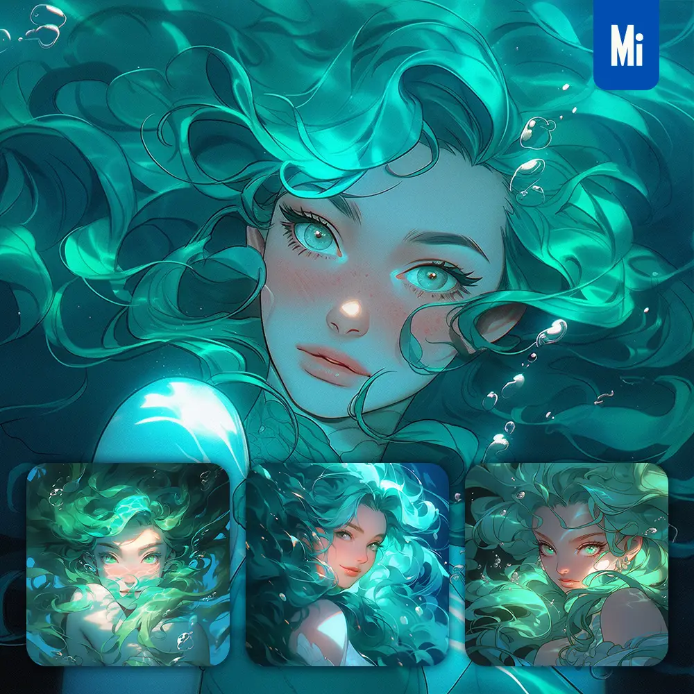Midjourney Prompt Girl Woman Lady Hair Water Cyan Azure Sea Face Portrait Mermaid Underwater Light Comic Cartoon