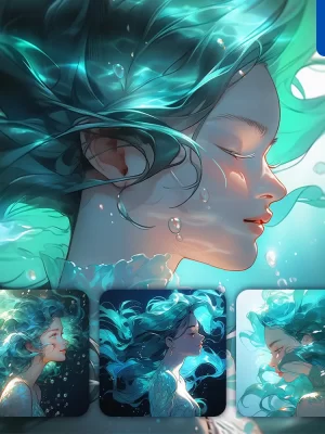 Midjourney Prompt Girl Woman Lady Hair Water Cyan Azure Sea Face Portrait Profile Mermaid Underwater Light Comic Cartoon