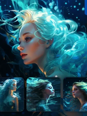 Midjourney Prompt Girl Woman Lady Hair Water Cyan Azure Sea Face Portrait Profile Mermaid Underwater Light Comic Cartoon Oil Painting