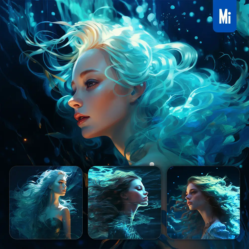 Midjourney Prompt Girl Woman Lady Hair Water Cyan Azure Sea Face Portrait Profile Mermaid Underwater Light Comic Cartoon Oil Painting