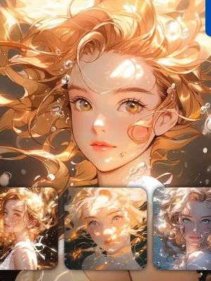 Midjourney Prompt Girl Woman Lady Hair Water Golden Sea Face Portrait Underwater Light Comic Cartoon