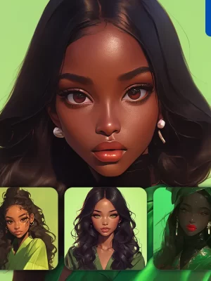 Midjourney Prompt Green African Beautiful Woman Girl Lady Face Portrait Animation Cartoon