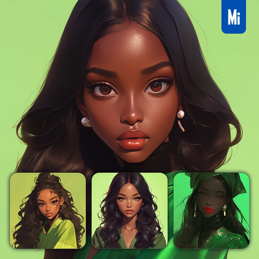 midjourney prompt green African beautiful woman girl lady face portrait animation cartoon