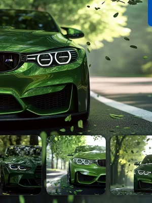 Midjourney Prompt Green Bmw Car Front Summer Leaves Tree Street Road Photography