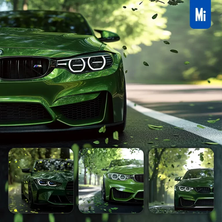 midjourney prompt green BMW car front summer leaves tree street road photography