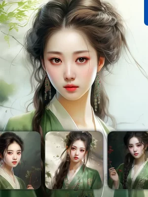 Midjourney Prompt Green Chinese Beautiful Asian Woman Girl Lady Face Portrait Animation Cartoon Oil Painting