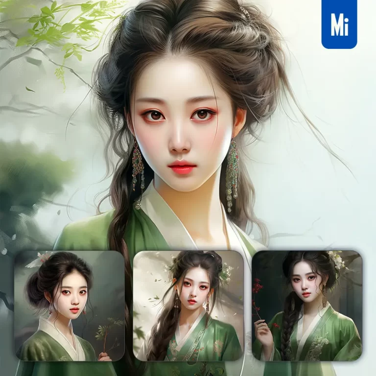 midjourney prompt green Chinese beautiful Asian woman girl lady face portrait animation cartoon oil painting