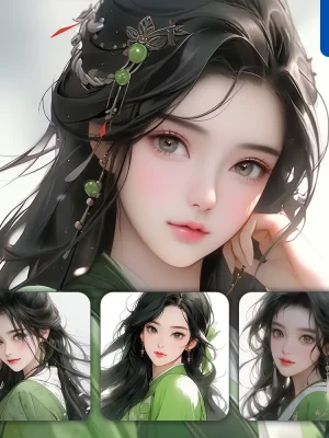 Midjourney Prompt Green Chinese Beautiful Asian Woman Girl Lady Face Portrait Animation Cartoon Painting