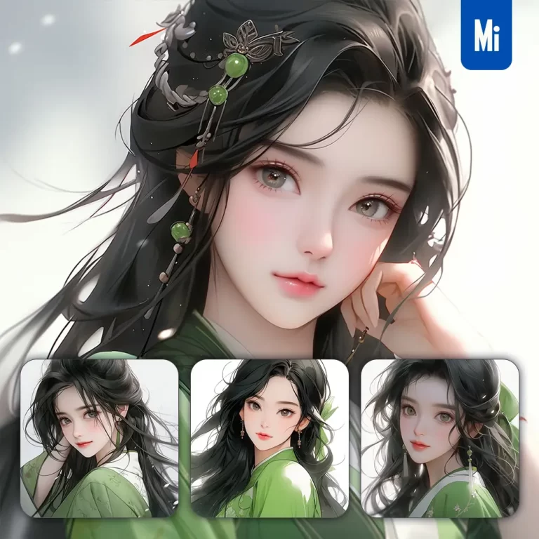 midjourney prompt green Chinese beautiful Asian woman girl lady face portrait animation cartoon painting
