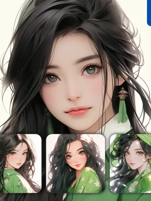 Midjourney Prompt Green Japanese Beautiful Geisha Asian Woman Girl Lady Face Portrait Animation Cartoon Painting