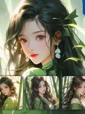 Midjourney Prompt Green Bamboo Chinese Beautiful Geisha Asian Woman Girl Lady Face Portrait Animation Cartoon Painting