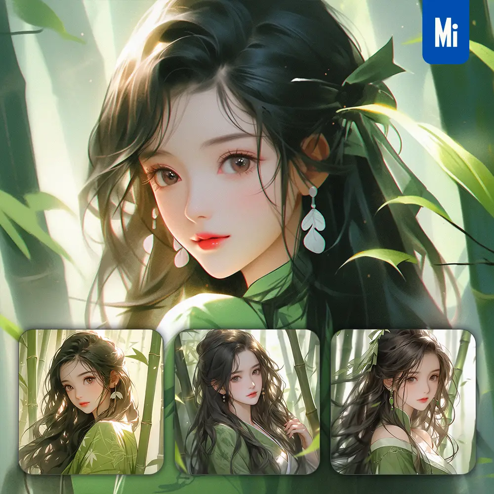 Midjourney Prompt Green Bamboo Chinese Beautiful Geisha Asian Woman Girl Lady Face Portrait Animation Cartoon Painting