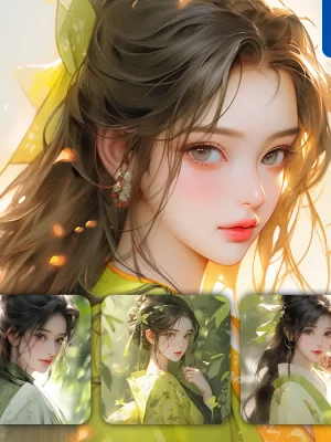 Midjourney Prompt Green Beautiful Asian Woman Girl Lady Face Portrait Animation Cartoon Painting