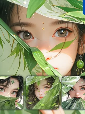 Midjourney Prompt Green Fairy Fan Eyes Chinese Beautiful Asian Woman Girl Lady Face Portrait Animation Cartoon Painting