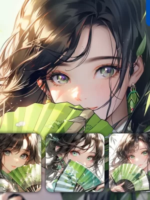 Midjourney Prompt Green Fan Beautiful Asian Woman Girl Lady Face Portrait Animation Cartoon Painting