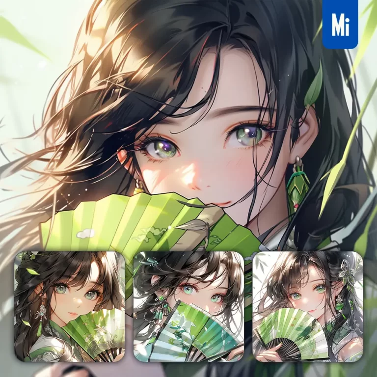 midjourney prompt green fan beautiful Asian woman girl lady face portrait animation cartoon painting