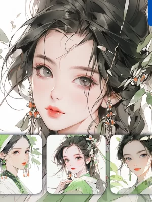 Midjourney Prompt Green Headgear Beautiful Woman Girl Lady Face Portrait Animation Cartoon Painting