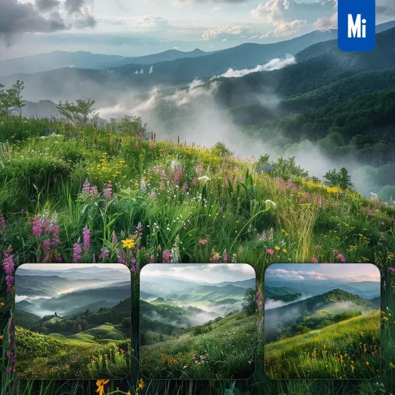 midjourney prompt green hill smoky mountain wildflower mist landscape photography