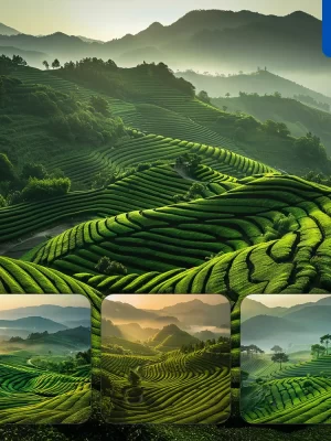 Midjourney Prompt Green Tea Field Tree Terraced Hill Tea Bush Mist Landscape Photography