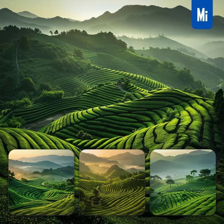 midjourney prompt green tea field tree terraced hill tea bush mist landscape photography
