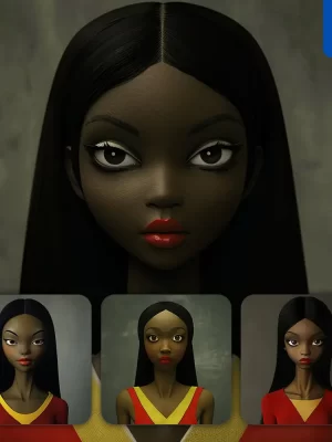 Midjourney Prompt Grotesque Dark Exaggerated Dress African Beautiful Woman Girl Lady Face Portrait Animation Cartoon