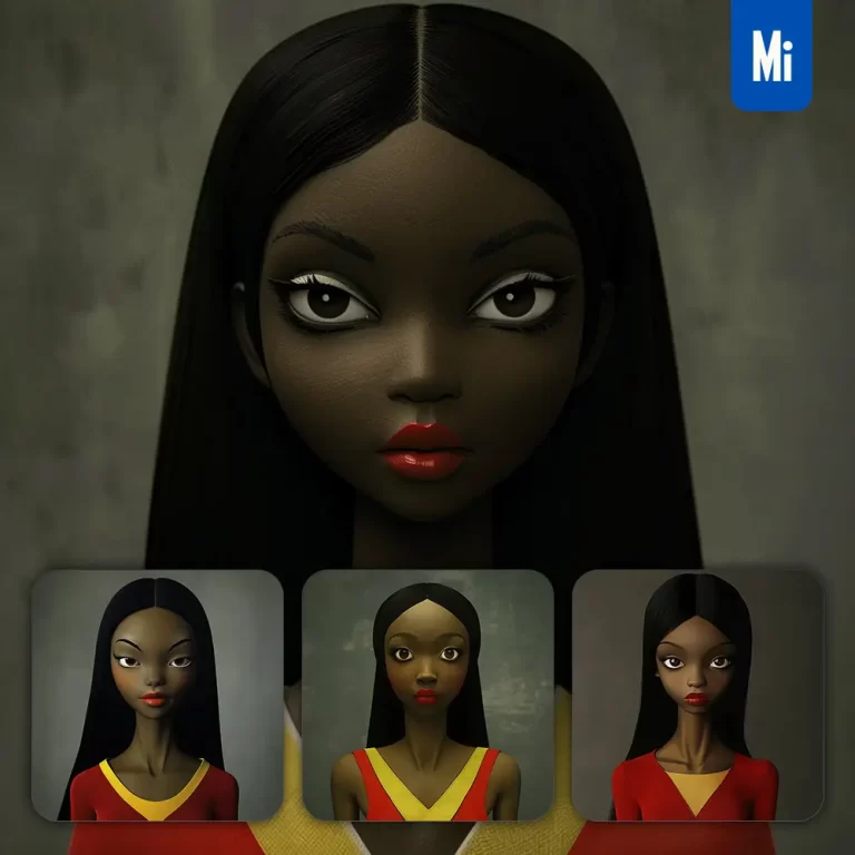 midjourney prompt grotesque dark exaggerated dress African beautiful woman girl lady face portrait animation cartoon