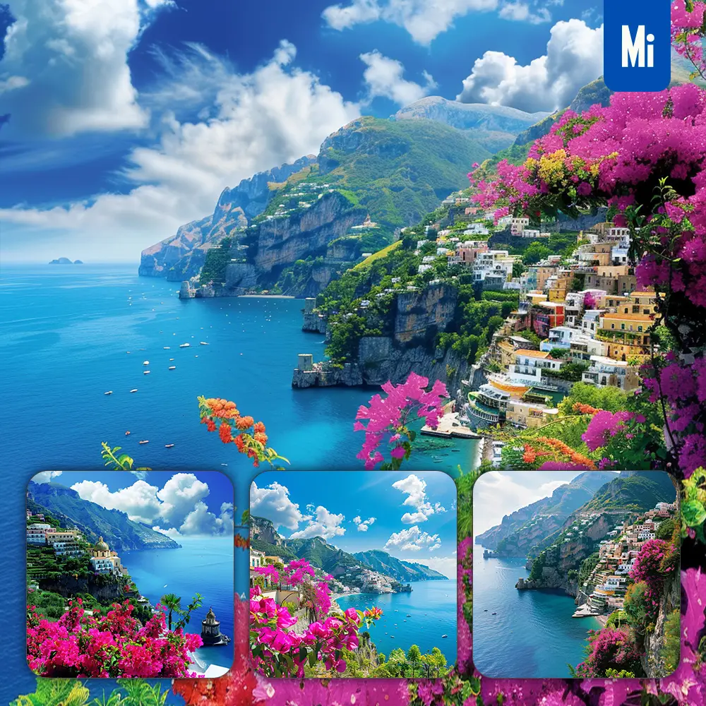 Midjourney Prompt Grove Coast Cliff Hillside Flower Pink Water Sea Landscape Photography