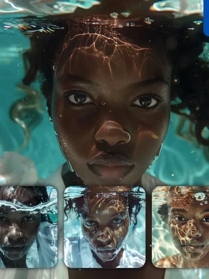 Midjourney Prompt Head Face Portrait African Woman Water Underwater Swimming Photography