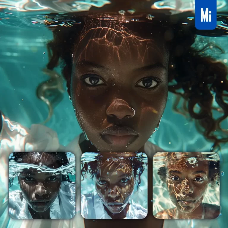 midjourney prompt head face portrait African woman water underwater swimming photography