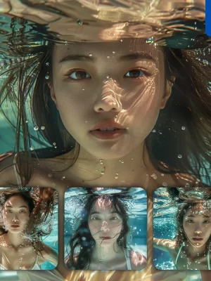 Midjourney Prompt Head Face Portrait Asian Japanese Lady Girl Woman Water Underwater Swimming Photography