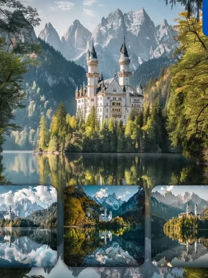 Midjourney Prompt Hill Neuschwanstein Castle Forest Peak Lake Water Mountain Landscape Photography