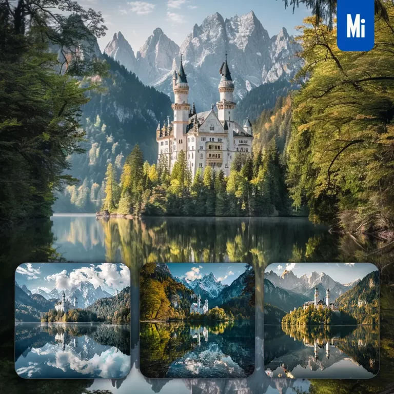 midjourney prompt hill Neuschwanstein Castle forest peak lake water mountain landscape photography