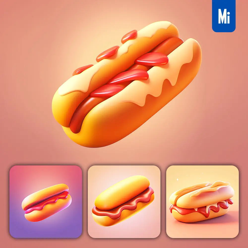 midjourney prompt hot dog food 3D icon game cartoon cute lovely