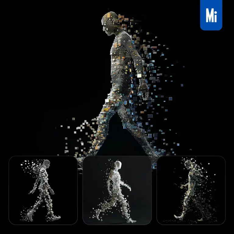 midjourney prompt human walking walk people man person cube body 3D abstract disassemble disintegrate