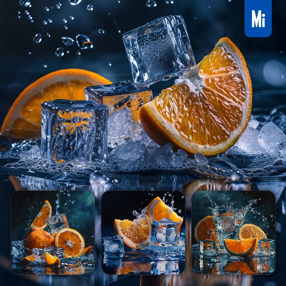 midjourney prompt ice cube water orange photography