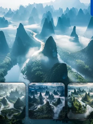 Midjourney Prompt Karst Mountain Guilin China River Mist Valley Hill Water Landscape Photography