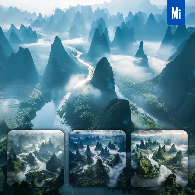 midjourney prompt karst mountain Guilin China river mist valley hill water landscape photography