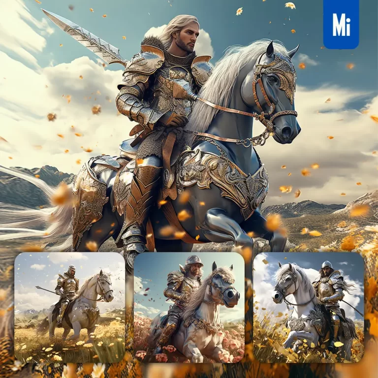 midjourney prompt knight horse gold meadow golden ride armour