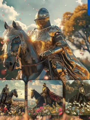 Midjourney Prompt Knight Horse Meadow Golden Ride Armour Dashing Cg