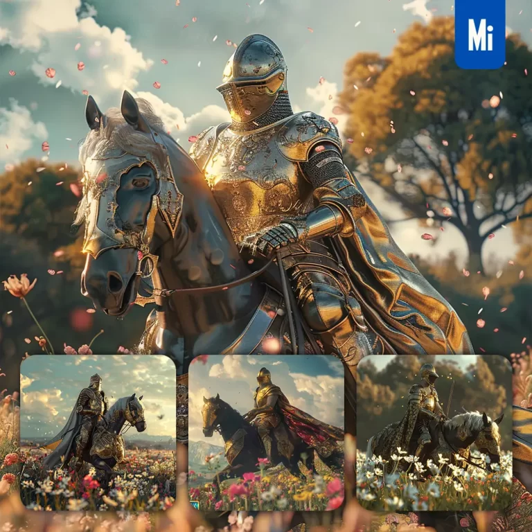midjourney prompt knight horse meadow golden ride armour dashing CG