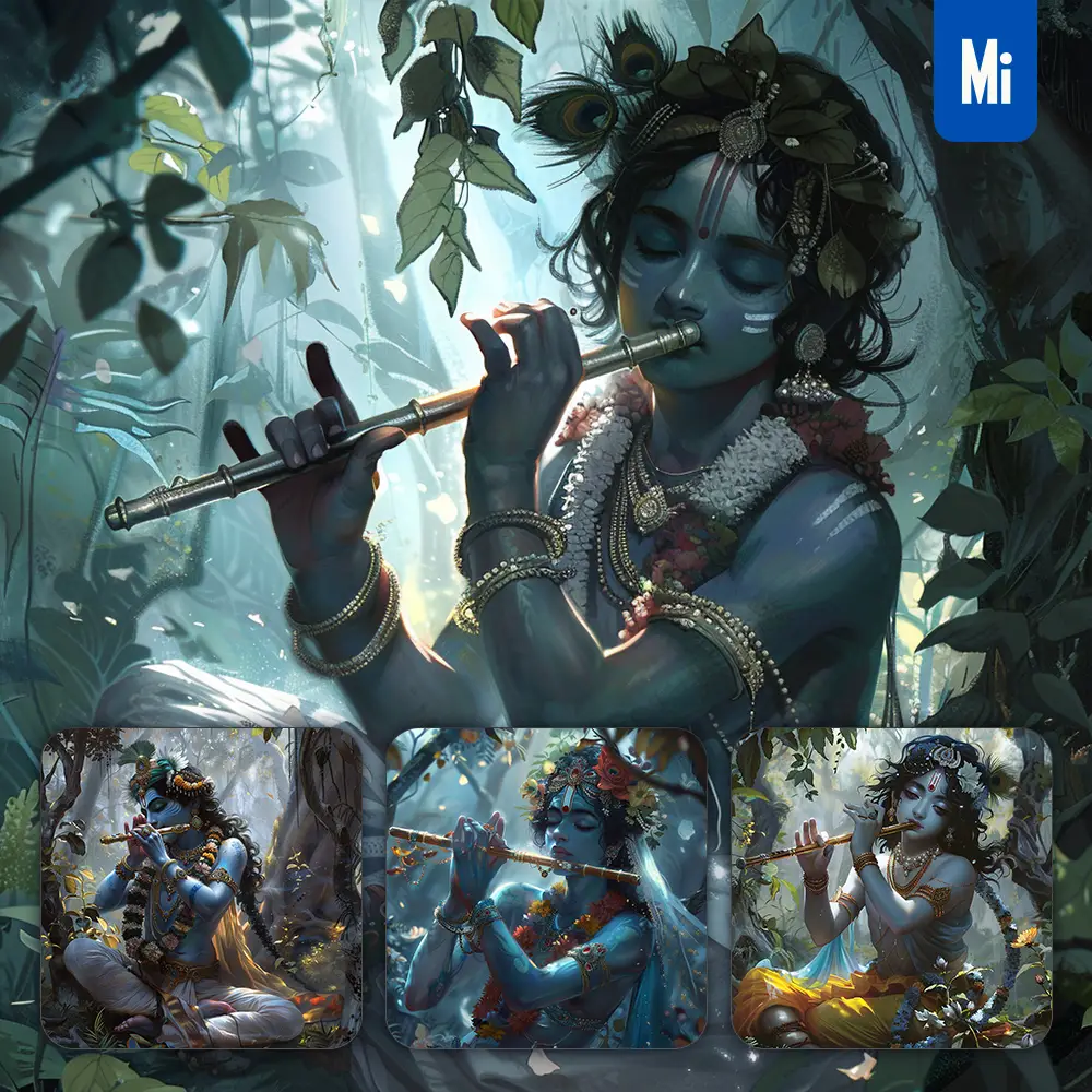 midjourney prompt krishna Indian flute Hinduism art oil painting illustration