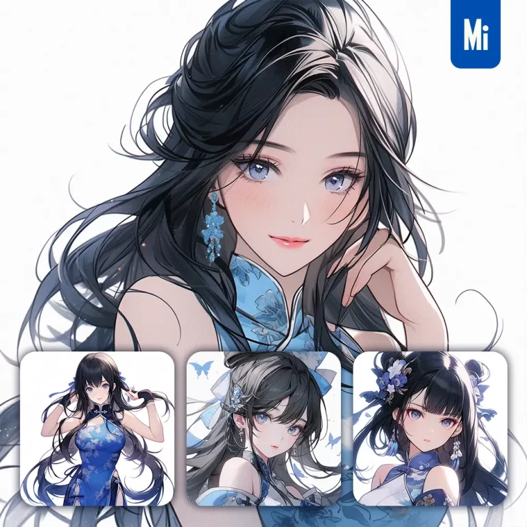 midjourney prompt woman lady face girl China blue beautiful Chinese princess portrait gown animation cartoon painting